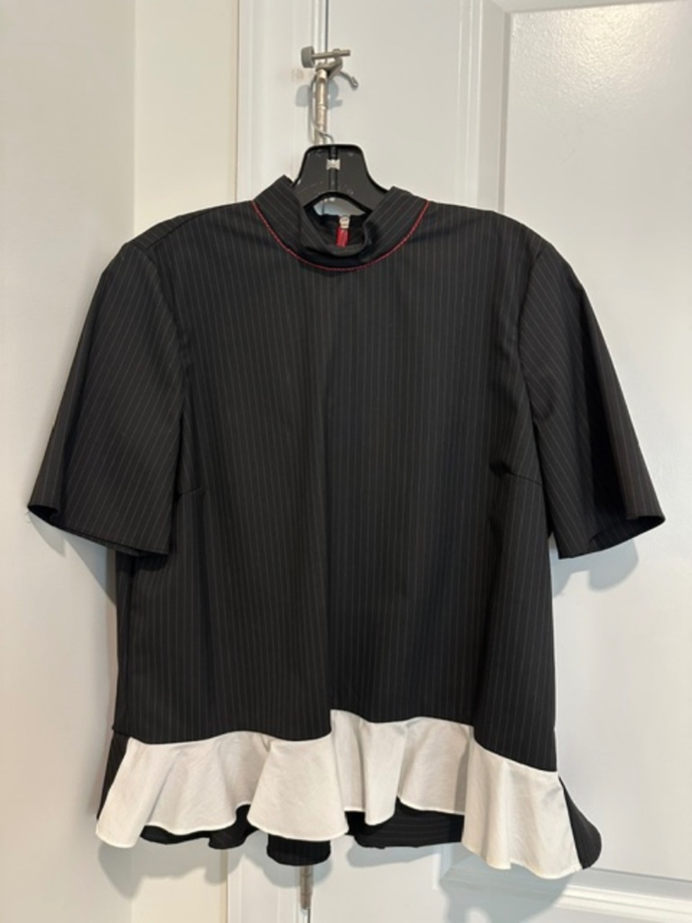 ZARA New Navy Blue Pinstripe Top with Ruffle Trim, M